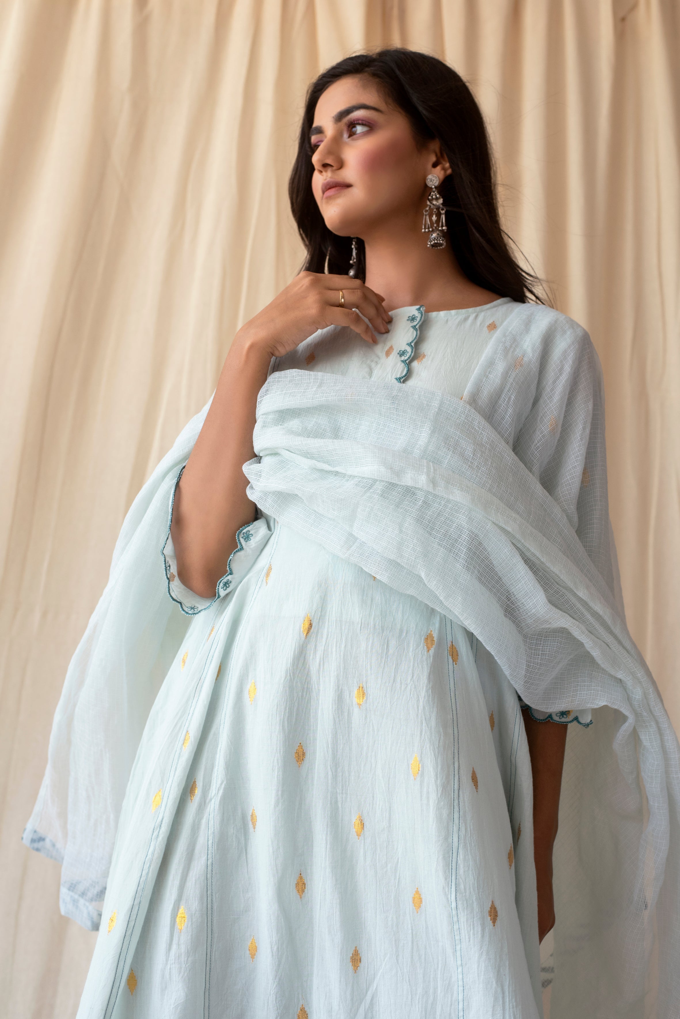 Blue Cotton Kurta Set With Dupatta by Taro with Blue, Evening Wear, Handwoven Cotton, Indian Wear, July Sale, July Sale 2023, Kurta Palazzo Sets, Natural, Regular Fit, Rozana by Taro, Textured, Womenswear at Kamakhyaa for sustainable fashion
