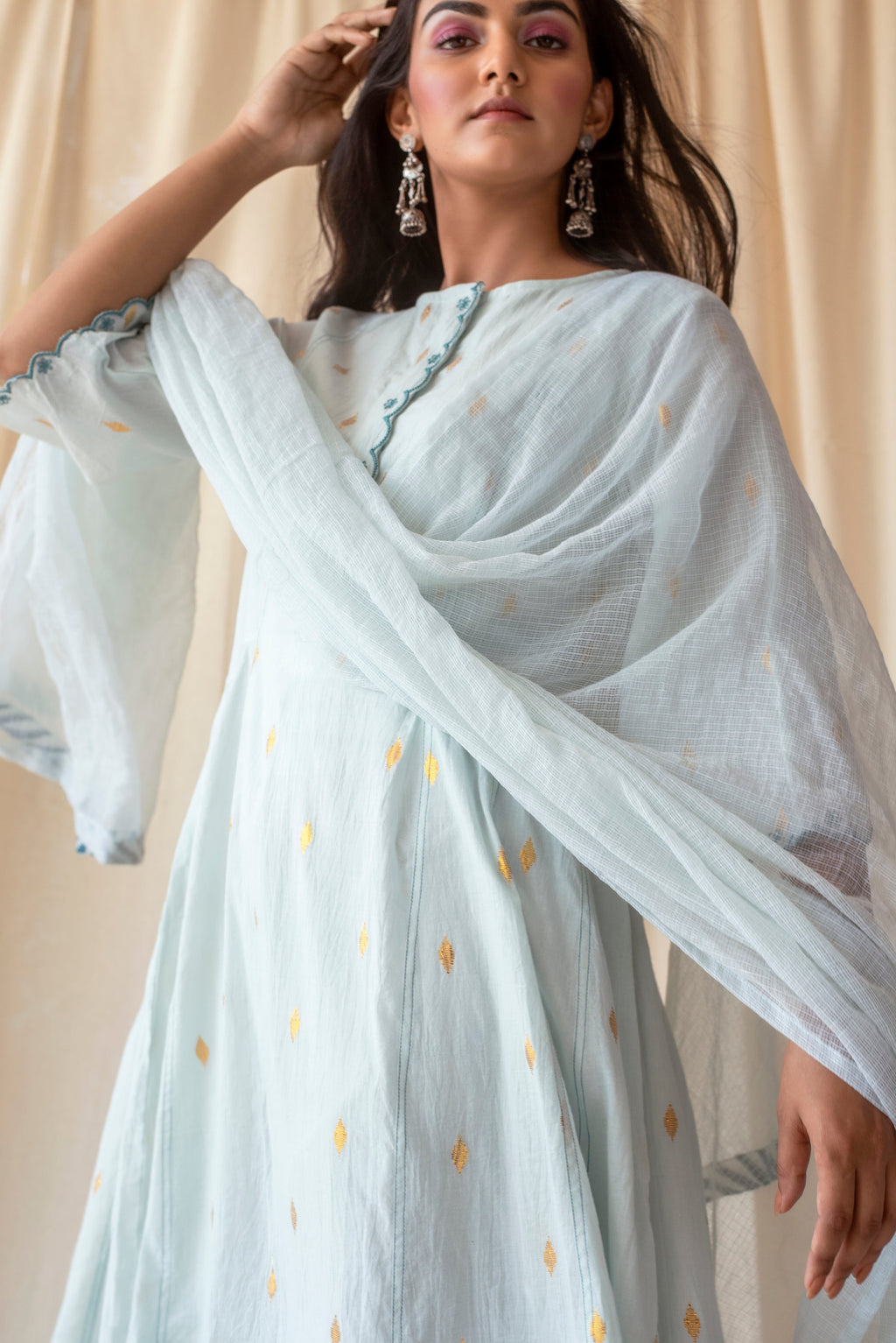 Blue Cotton Kurta Set With Dupatta by Taro with Blue, Evening Wear, Handwoven Cotton, Indian Wear, July Sale, July Sale 2023, Kurta Palazzo Sets, Natural, Regular Fit, Rozana by Taro, Textured, Womenswear at Kamakhyaa for sustainable fashion