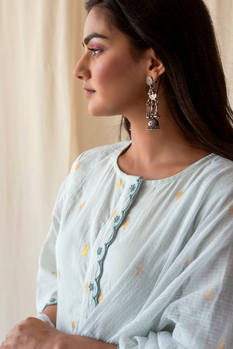 Blue Cotton Kurta Set With Dupatta by Taro with Blue, Evening Wear, Handwoven Cotton, Indian Wear, July Sale, July Sale 2023, Kurta Palazzo Sets, Natural, Regular Fit, Rozana by Taro, Textured, Womenswear at Kamakhyaa for sustainable fashion