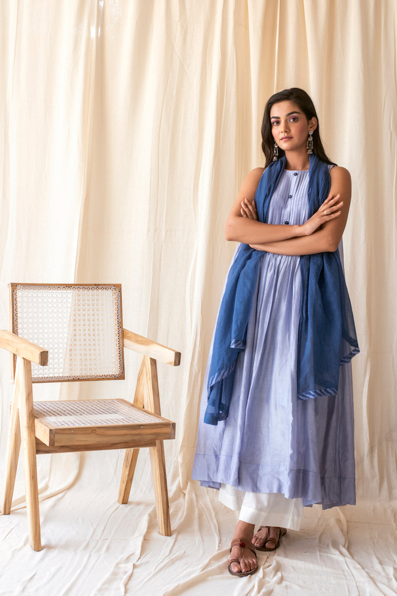 Blue Chanderi Silk Kurta Set With Dupatta by Taro with Blue, Evening Wear, Handwoven Chanderi silk, Indian Wear, July Sale, July Sale 2023, Kurta Palazzo Sets, Natural, Regular Fit, Rozana by Taro, Solids, Womenswear at Kamakhyaa for sustainable fashion