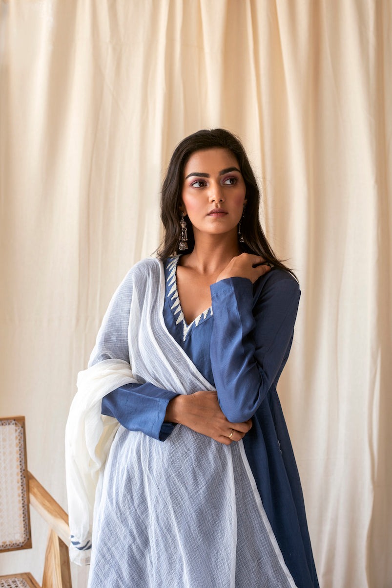 Ocean Blue Set by Taro with Blue, Cotton, Evening Wear, Indian Wear, Indo-Western, July Sale, July Sale 2023, Kurta Palazzo Sets, Kurta Set With Dupatta, Natural, Relaxed Fit, Rozana by Taro, Silk Chanderi, Solids, Womenswear at Kamakhyaa for sustainable fashion