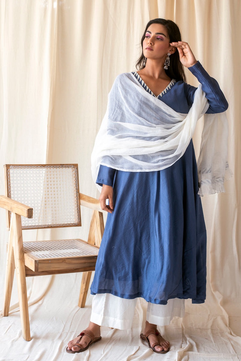 Ocean Blue Set by Taro with Blue, Cotton, Evening Wear, Indian Wear, Indo-Western, July Sale, July Sale 2023, Kurta Palazzo Sets, Kurta Set With Dupatta, Natural, Relaxed Fit, Rozana by Taro, Silk Chanderi, Solids, Womenswear at Kamakhyaa for sustainable fashion