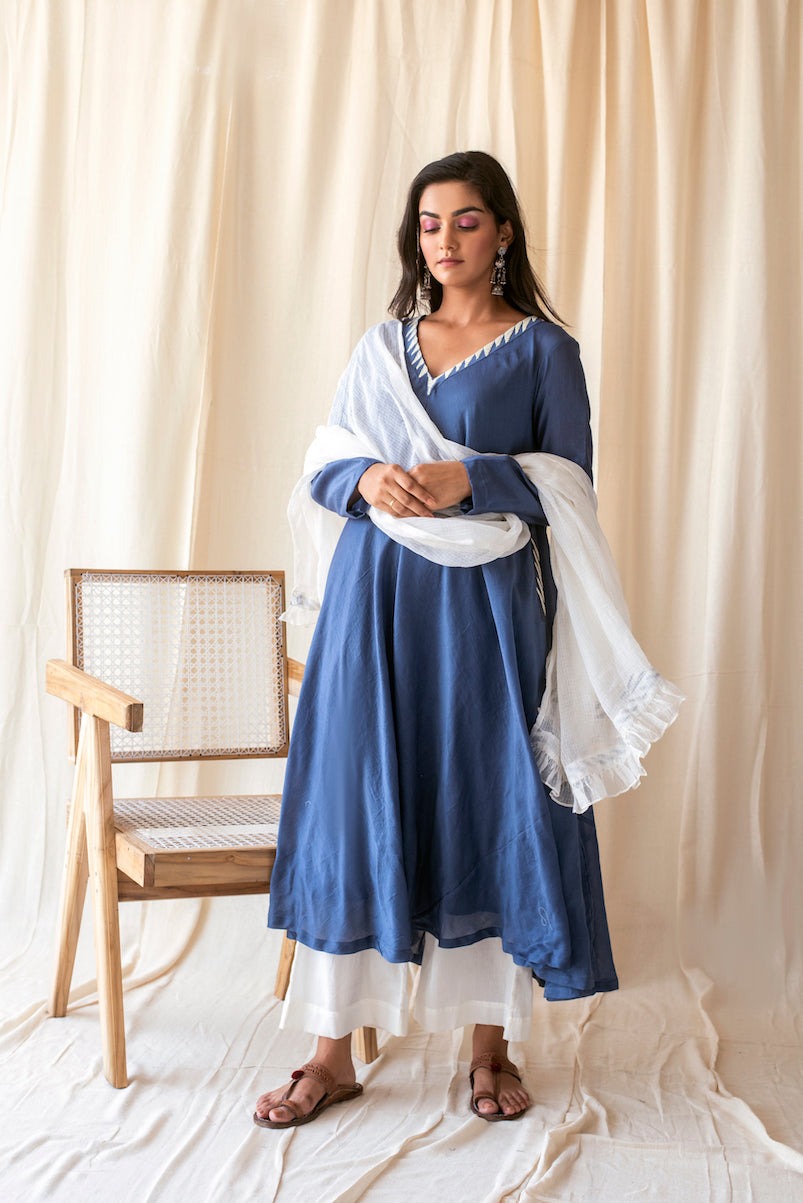 Ocean Blue Set by Taro with Blue, Cotton, Evening Wear, Indian Wear, Indo-Western, July Sale, July Sale 2023, Kurta Palazzo Sets, Kurta Set With Dupatta, Natural, Relaxed Fit, Rozana by Taro, Silk Chanderi, Solids, Womenswear at Kamakhyaa for sustainable fashion