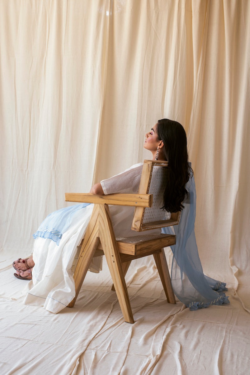 White Sky Set by Taro with Best Selling, Evening Wear, Indian Wear, Indo-Western, July Sale, July Sale 2023, Kurta Palazzo Sets, Kurta Set With Dupatta, Natural, Relaxed Fit, Rozana by Taro, Silk Chanderi, Solids, White, Womenswear at Kamakhyaa for sustainable fashion