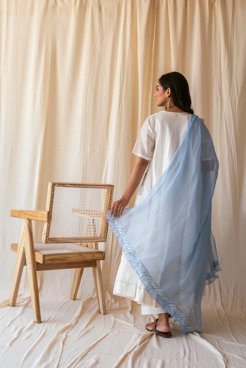White Sky Set by Taro with Best Selling, Evening Wear, Indian Wear, Indo-Western, July Sale, July Sale 2023, Kurta Palazzo Sets, Kurta Set With Dupatta, Natural, Relaxed Fit, Rozana by Taro, Silk Chanderi, Solids, White, Womenswear at Kamakhyaa for sustainable fashion