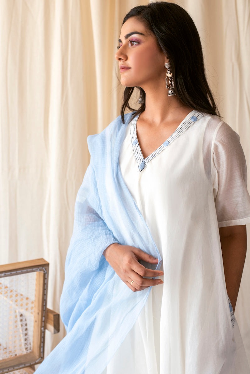 White Sky Set by Taro with Best Selling, Evening Wear, Indian Wear, Indo-Western, July Sale, July Sale 2023, Kurta Palazzo Sets, Kurta Set With Dupatta, Natural, Relaxed Fit, Rozana by Taro, Silk Chanderi, Solids, White, Womenswear at Kamakhyaa for sustainable fashion