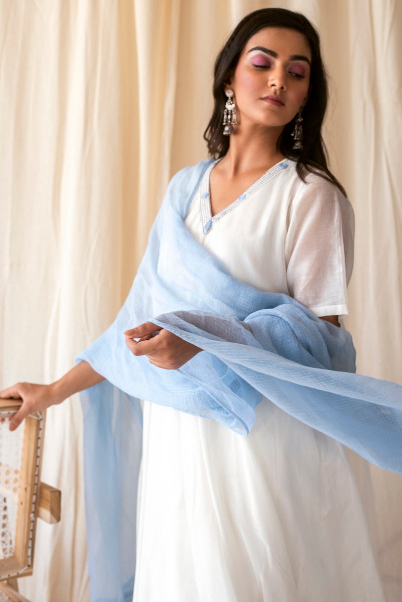 White Sky Set by Taro with Best Selling, Evening Wear, Indian Wear, Indo-Western, July Sale, July Sale 2023, Kurta Palazzo Sets, Kurta Set With Dupatta, Natural, Relaxed Fit, Rozana by Taro, Silk Chanderi, Solids, White, Womenswear at Kamakhyaa for sustainable fashion