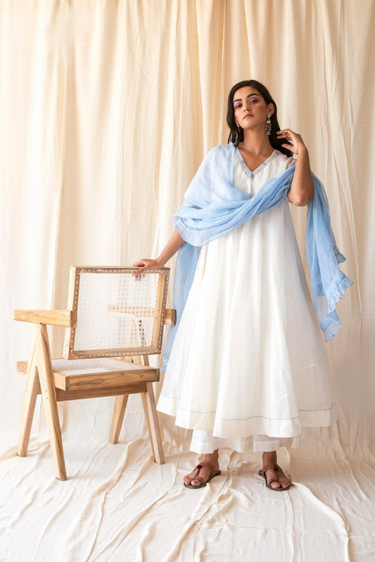 White Sky Set by Taro with Best Selling, Evening Wear, Indian Wear, Indo-Western, July Sale, July Sale 2023, Kurta Palazzo Sets, Kurta Set With Dupatta, Natural, Relaxed Fit, Rozana by Taro, Silk Chanderi, Solids, White, Womenswear at Kamakhyaa for sustainable fashion