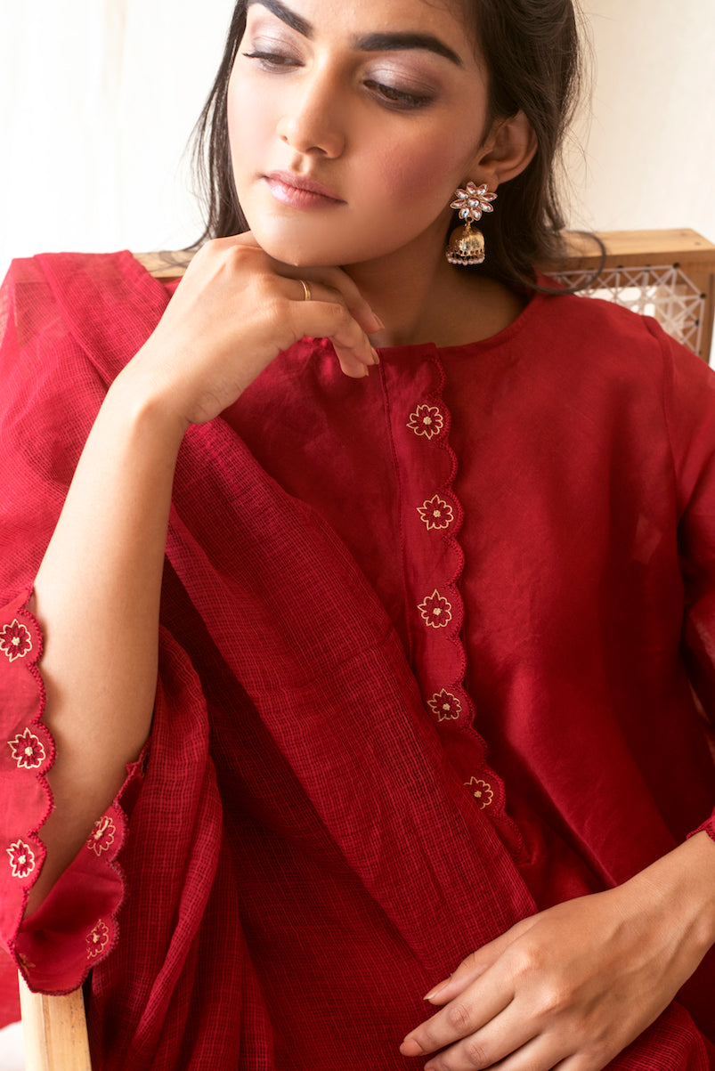 Red Chanderi Silk Embroidered Kurta Set With Dupatta by Taro with Best Selling, Chanderi Silk, Evening Wear, Indian Wear, July Sale, July Sale 2023, Kurta Pant Sets, Kurta Set With Dupatta, Natural, Red, Regular Fit, Rozana by Taro, Solids, Womenswear at Kamakhyaa for sustainable fashion