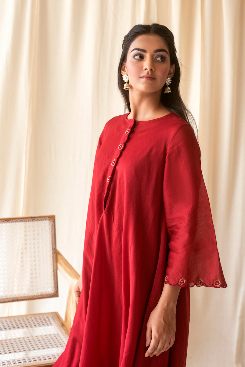 Red Chanderi Silk Embroidered Kurta Set With Dupatta by Taro with Best Selling, Chanderi Silk, Evening Wear, Indian Wear, July Sale, July Sale 2023, Kurta Pant Sets, Kurta Set With Dupatta, Natural, Red, Regular Fit, Rozana by Taro, Solids, Womenswear at Kamakhyaa for sustainable fashion
