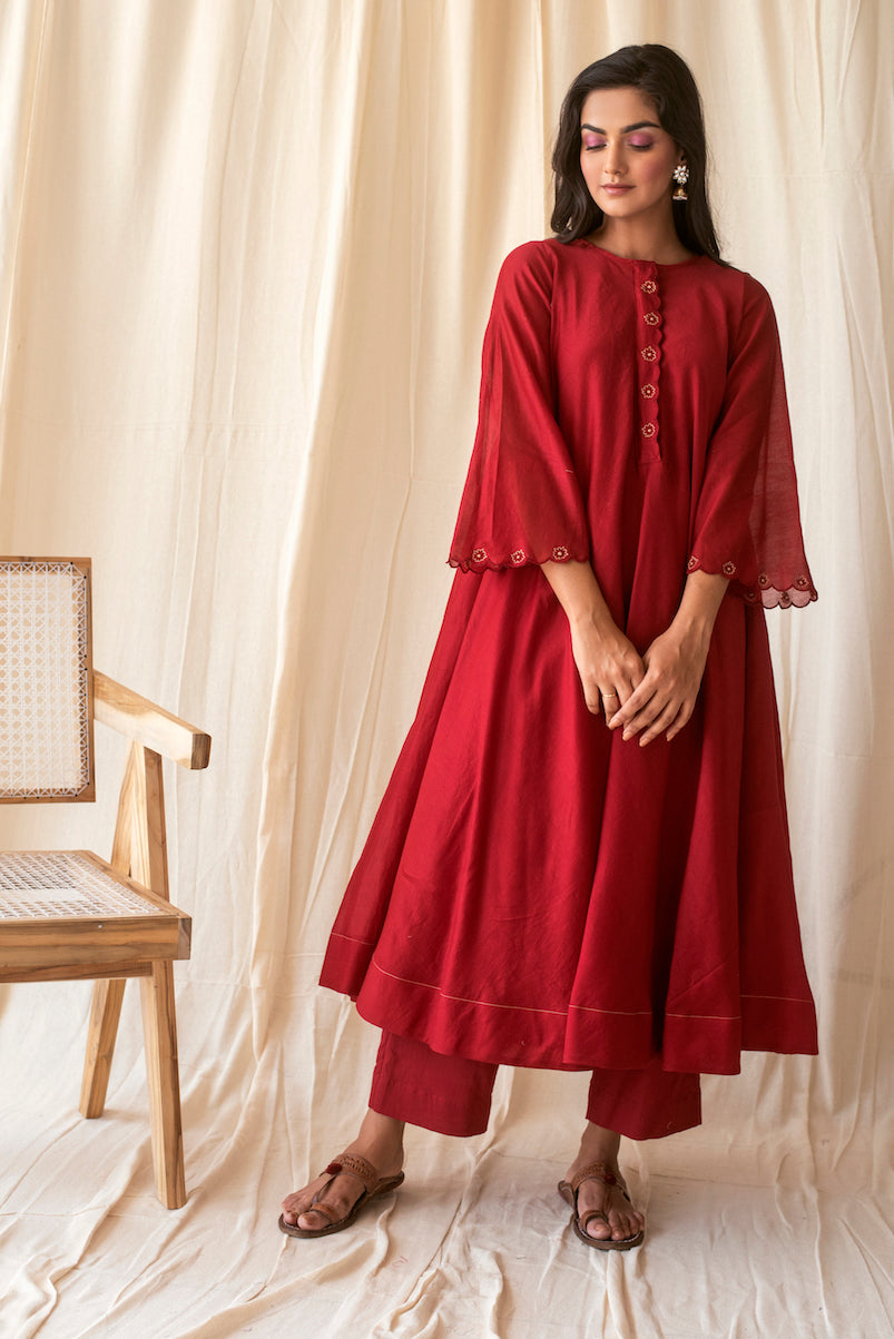 Red Chanderi Silk Embroidered Kurta Set With Dupatta by Taro with Best Selling, Chanderi Silk, Evening Wear, Indian Wear, July Sale, July Sale 2023, Kurta Pant Sets, Kurta Set With Dupatta, Natural, Red, Regular Fit, Rozana by Taro, Solids, Womenswear at Kamakhyaa for sustainable fashion