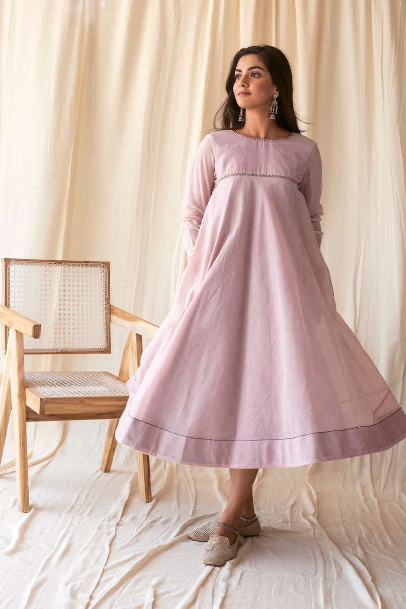 Plum Bias Cut Dress by Taro with Best Selling, Evening Wear, July Sale, July Sale 2023, Midi Dresses, Natural, Purple, Relaxed Fit, Rozana by Taro, Silk Chanderi, Solids, Womenswear at Kamakhyaa for sustainable fashion