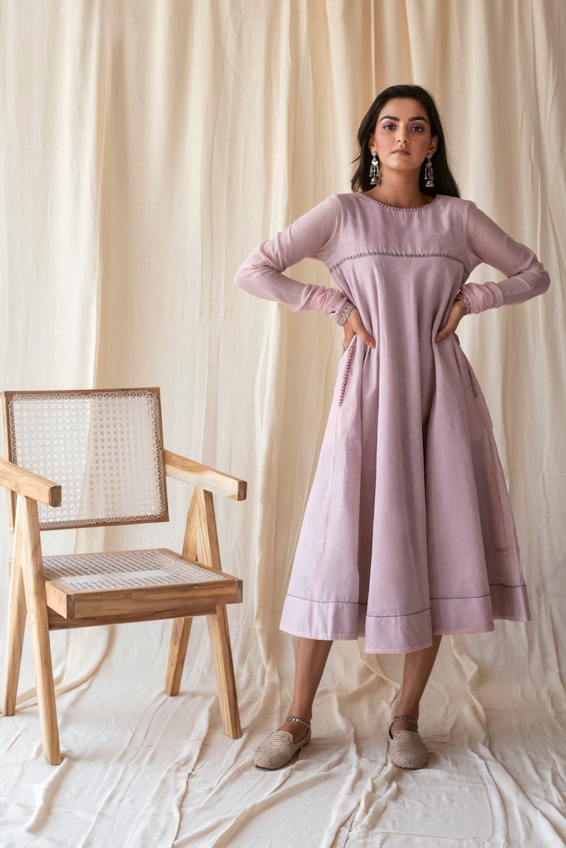 Plum Bias Cut Dress by Taro with Best Selling, Evening Wear, July Sale, July Sale 2023, Midi Dresses, Natural, Purple, Relaxed Fit, Rozana by Taro, Silk Chanderi, Solids, Womenswear at Kamakhyaa for sustainable fashion