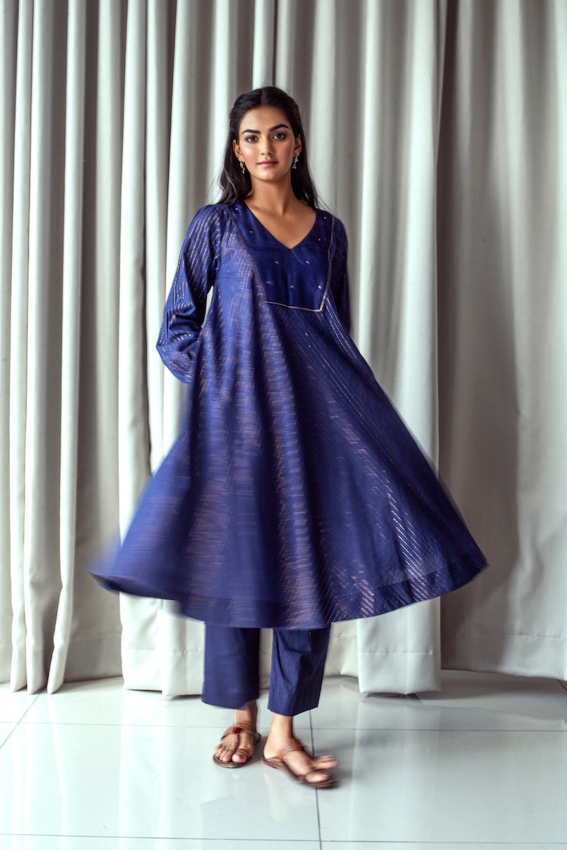 Violet & Gold Set by Taro with Bahaar by Taro, Best Selling, Blue, Evening Wear, Handwoven cotton, Indian Wear, Indo-Western, July Sale, July Sale 2023, Kurta Pant Sets, Kurta Set With Dupatta, Natural, Relaxed Fit, Textured, Womenswear at Kamakhyaa for sustainable fashion