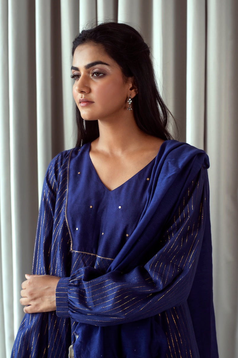 Violet & Gold Set by Taro with Bahaar by Taro, Best Selling, Blue, Evening Wear, Handwoven cotton, Indian Wear, Indo-Western, July Sale, July Sale 2023, Kurta Pant Sets, Kurta Set With Dupatta, Natural, Relaxed Fit, Textured, Womenswear at Kamakhyaa for sustainable fashion
