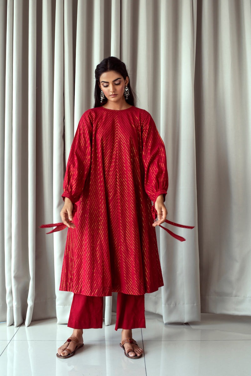 Cranberry Red Kurta Set by Taro with Bahaar by Taro, Best Selling, Evening Wear, Handwoven cotton, Indian Wear, Indo-Western, July Sale, July Sale 2023, Kurta Pant Sets, Natural, Red, Relaxed Fit, Textured, Womenswear at Kamakhyaa for sustainable fashion