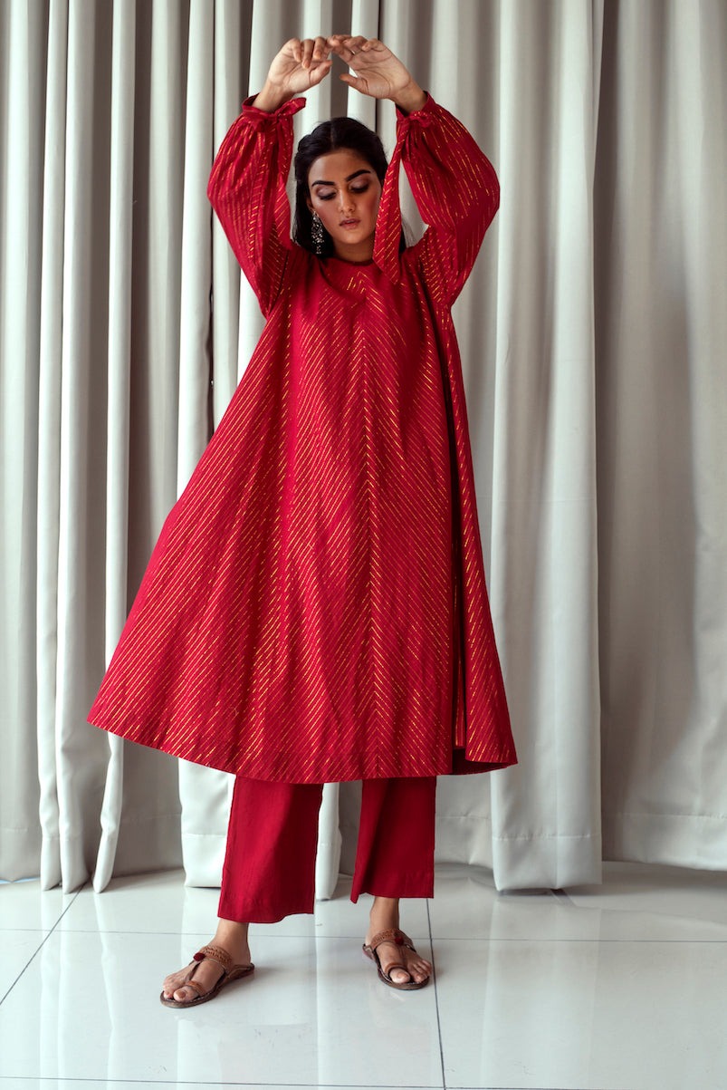 Cranberry Red Kurta Set by Taro with Bahaar by Taro, Best Selling, Evening Wear, Handwoven cotton, Indian Wear, Indo-Western, July Sale, July Sale 2023, Kurta Pant Sets, Natural, Red, Relaxed Fit, Textured, Womenswear at Kamakhyaa for sustainable fashion