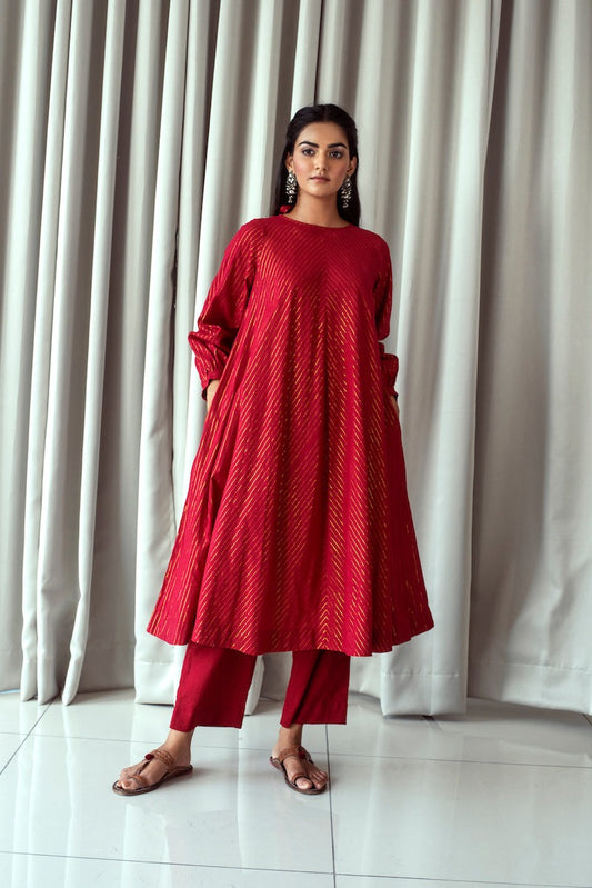 Cranberry Red Kurta Set by Taro with Bahaar by Taro, Best Selling, Evening Wear, Handwoven cotton, Indian Wear, Indo-Western, July Sale, July Sale 2023, Kurta Pant Sets, Natural, Red, Relaxed Fit, Textured, Womenswear at Kamakhyaa for sustainable fashion