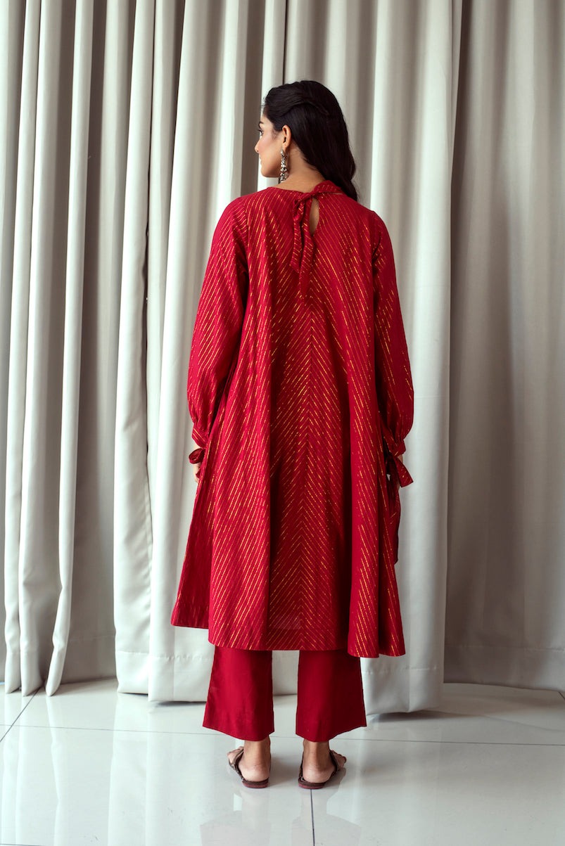 Cranberry Red Kurta Set by Taro with Bahaar by Taro, Best Selling, Evening Wear, Handwoven cotton, Indian Wear, Indo-Western, July Sale, July Sale 2023, Kurta Pant Sets, Natural, Red, Relaxed Fit, Textured, Womenswear at Kamakhyaa for sustainable fashion