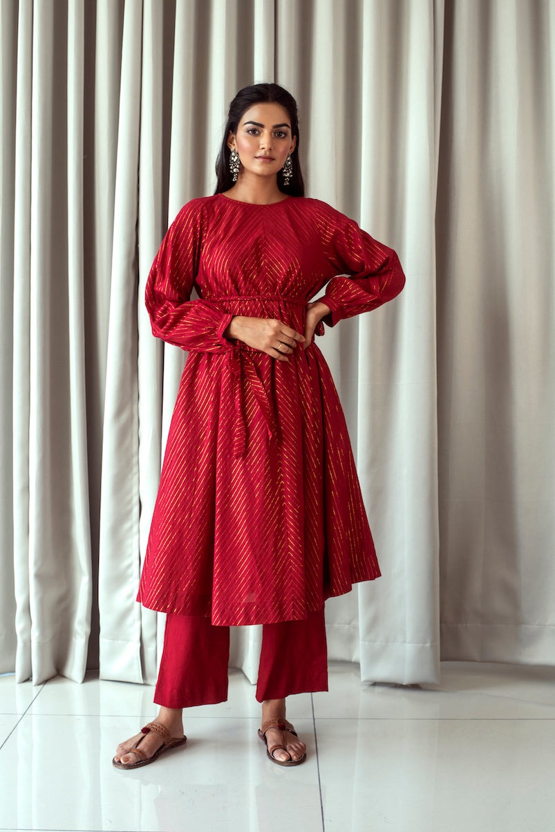 Cranberry Red Kurta Set Bahaar Taro, Best Seller July, Evening Wear, Handwoven cotton, Indo-Western, Kurta Pant Sets, Natural, Red, Relaxed Fit, Textured Kamakhyaa