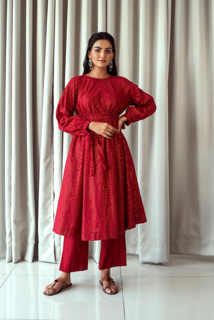 Cranberry Red Kurta Set Bahaar Taro, Best Seller July, Evening Wear, Handwoven cotton, Indo-Western, Kurta Pant Sets, Natural, Red, Relaxed Fit, Textured Kamakhyaa