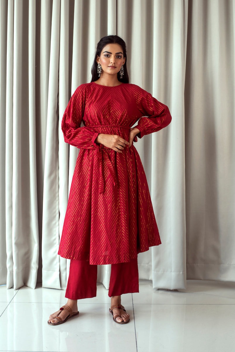 Cranberry Red Kurta Set by Taro with Bahaar by Taro, Best Selling, Evening Wear, Handwoven cotton, Indian Wear, Indo-Western, July Sale, July Sale 2023, Kurta Pant Sets, Natural, Red, Relaxed Fit, Textured, Womenswear at Kamakhyaa for sustainable fashion