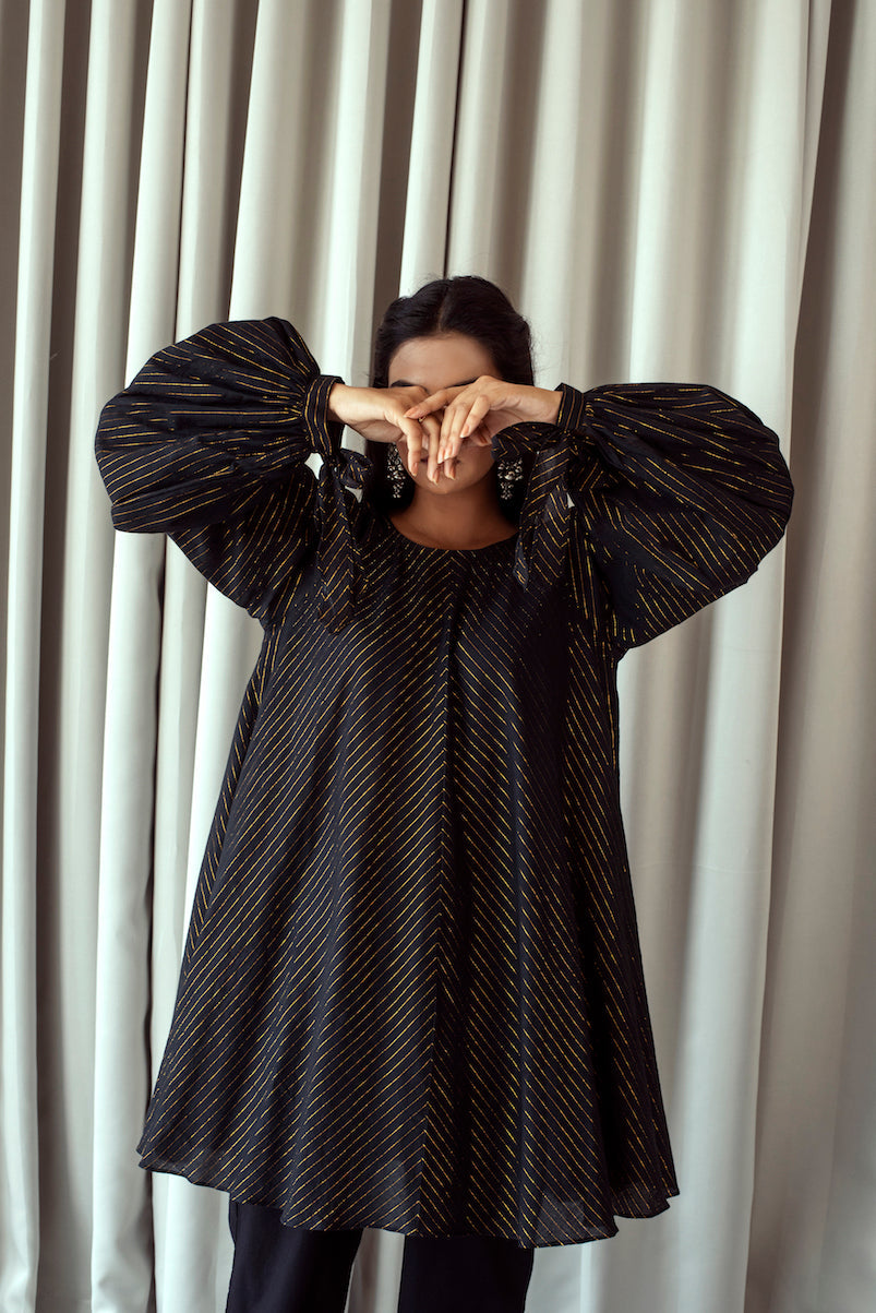 Black Cotton Mini Dress With Zari by Taro with Bahaar by Taro, Black, Duplicate, Evening Wear, Handwoven Cotton, July Sale, July Sale 2023, Less than $50, Mini Dresses, Natural, Relaxed Fit, Textured, Womenswear at Kamakhyaa for sustainable fashion