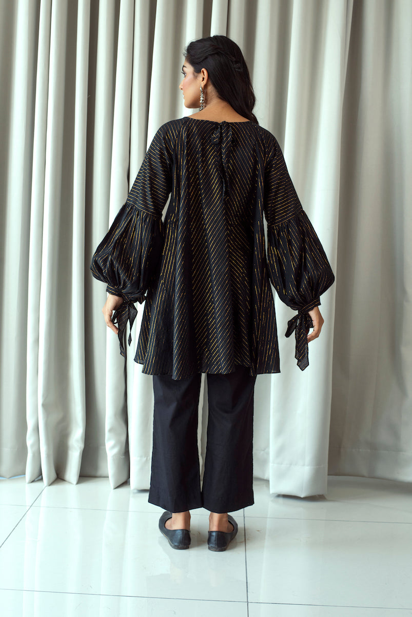 Black Cotton Mini Dress With Zari Tops Bahaar Taro, Black, Handwoven cotton, Tunic Taro Kamakhyaa