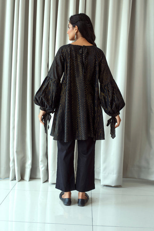 Black Cotton Mini Dress With Zari by Taro with Bahaar by Taro, Black, Duplicate, Evening Wear, Handwoven Cotton, July Sale, July Sale 2023, Less than $50, Mini Dresses, Natural, Relaxed Fit, Textured, Womenswear at Kamakhyaa for sustainable fashion