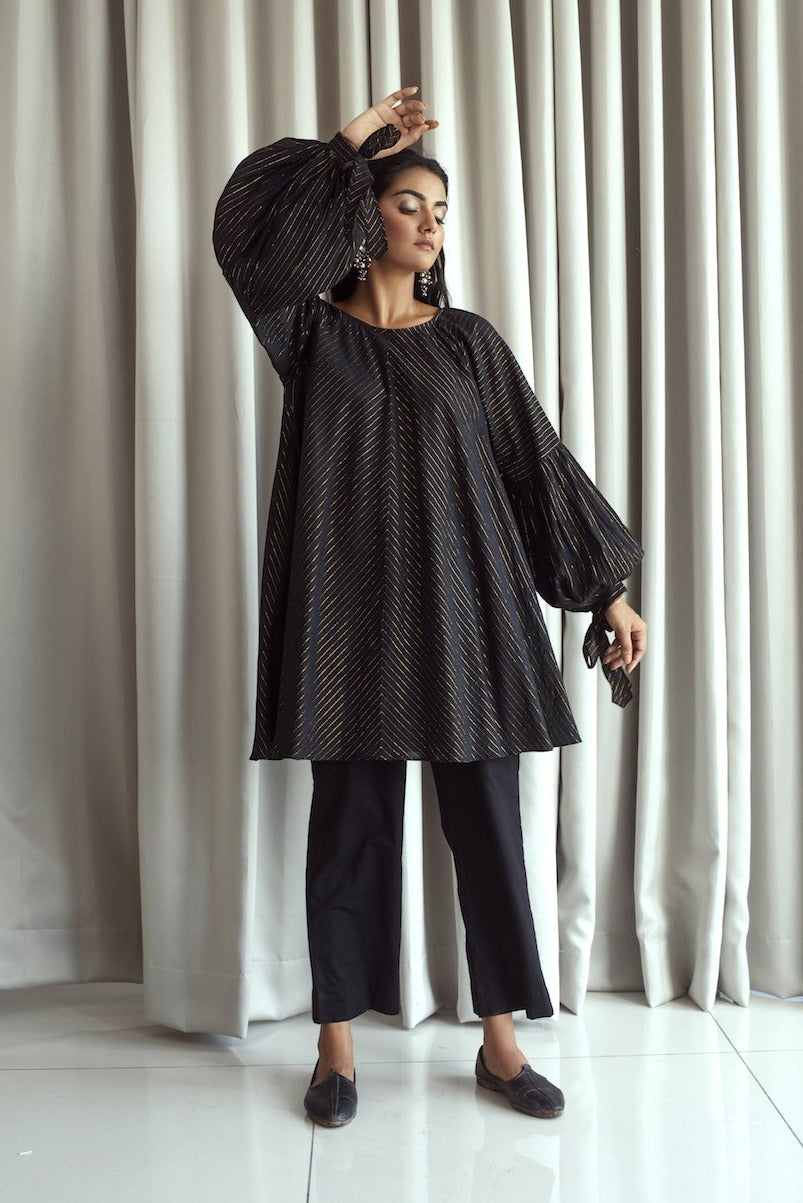 Black Cotton Mini Dress With Zari Bahaar Taro, Black, Handwoven Cotton, Natural, Regular Fit, Textured Kamakhyaa