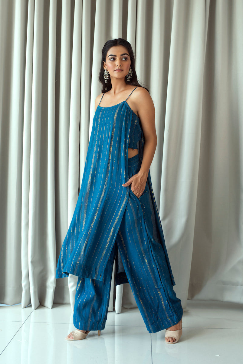 Blue Zari Sleeveless Two Piece Set by Taro with Bahaar by Taro, Best Selling, Blue, Co-ord Sets, Cotton Blend, Duplicate, Evening Wear, FB ADS JUNE, For Anniversary, July Sale, July Sale 2023, Natural, party, Party Wear Co-ords, Regular Fit, Textured, Womenswear at Kamakhyaa for sustainable fashion