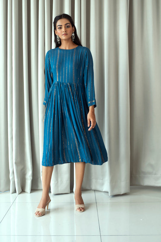 Blue Midi Dress With Zari by Taro with Bahaar by Taro, Blue, Cotton, Cotton Blend, Duplicate, Evening Wear, July Sale, July Sale 2023, Midi Dresses, Natural, Regular Fit, Textured, Womenswear at Kamakhyaa for sustainable fashion