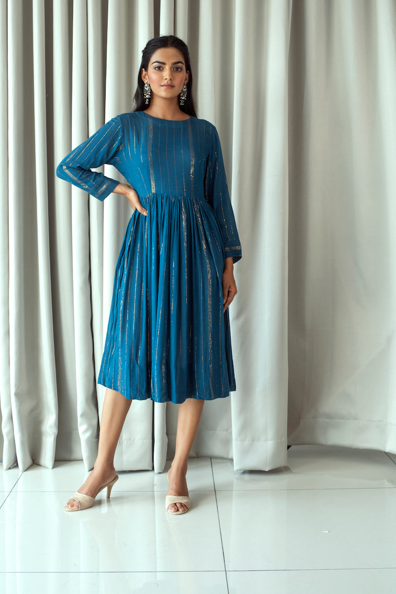 Blue Midi Dress With Zari by Taro with Bahaar by Taro, Blue, Cotton, Cotton Blend, Duplicate, Evening Wear, July Sale, July Sale 2023, Midi Dresses, Natural, Regular Fit, Textured, Womenswear at Kamakhyaa for sustainable fashion
