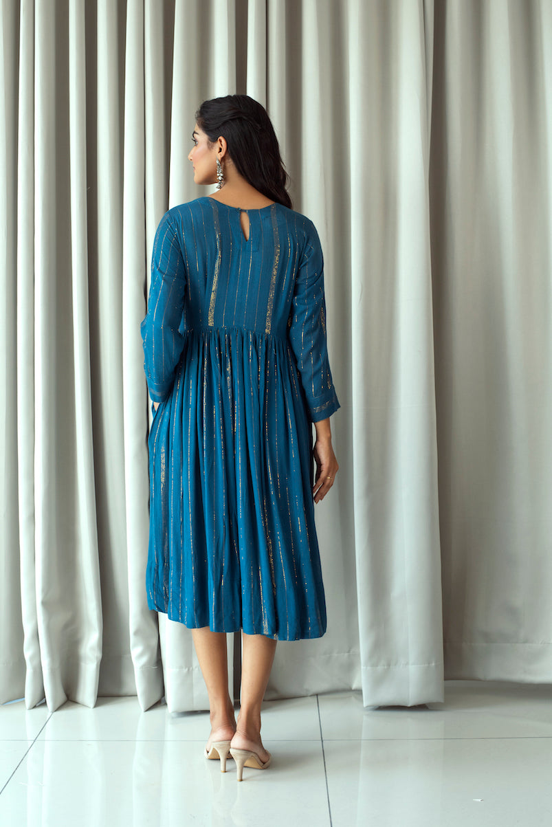 Blue Midi Dress With Zari by Taro with Bahaar by Taro, Blue, Cotton, Cotton Blend, Duplicate, Evening Wear, July Sale, July Sale 2023, Midi Dresses, Natural, Regular Fit, Textured, Womenswear at Kamakhyaa for sustainable fashion
