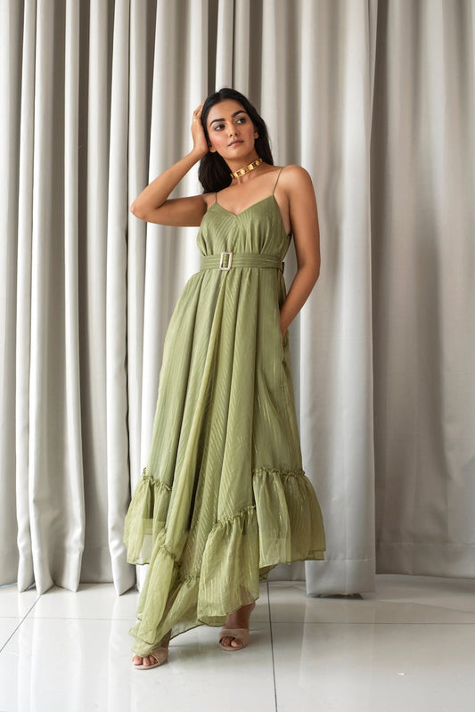 Green Sleeveless Maxi Dress by Taro with Bahaar by Taro, Best Selling, Cotton, Evening Wear, FB ADS JUNE, Green, Handloom Blend, Indo-Western, July Sale, July Sale 2023, Maxi Dresses, Natural, Regular Fit, Sleeveless Dresses, Textured, Womenswear at Kamakhyaa for sustainable fashion