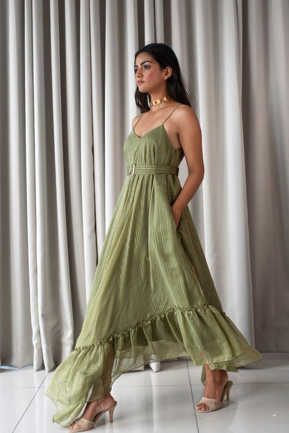 Green Sleeveless Maxi Dress by Taro with Bahaar by Taro, Best Selling, Cotton, Evening Wear, FB ADS JUNE, Green, Handloom Blend, Indo-Western, July Sale, July Sale 2023, Maxi Dresses, Natural, Regular Fit, Sleeveless Dresses, Textured, Womenswear at Kamakhyaa for sustainable fashion