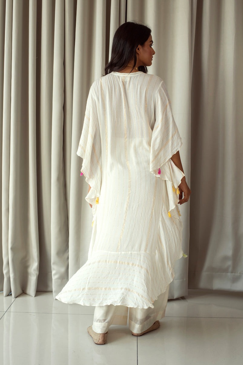White Embroidered Kaftan Indian Wear Bahaar Taro, Cotton Blend, Kaftans, Natural, Regular Fit, Textured, Taro Kamakhyaa