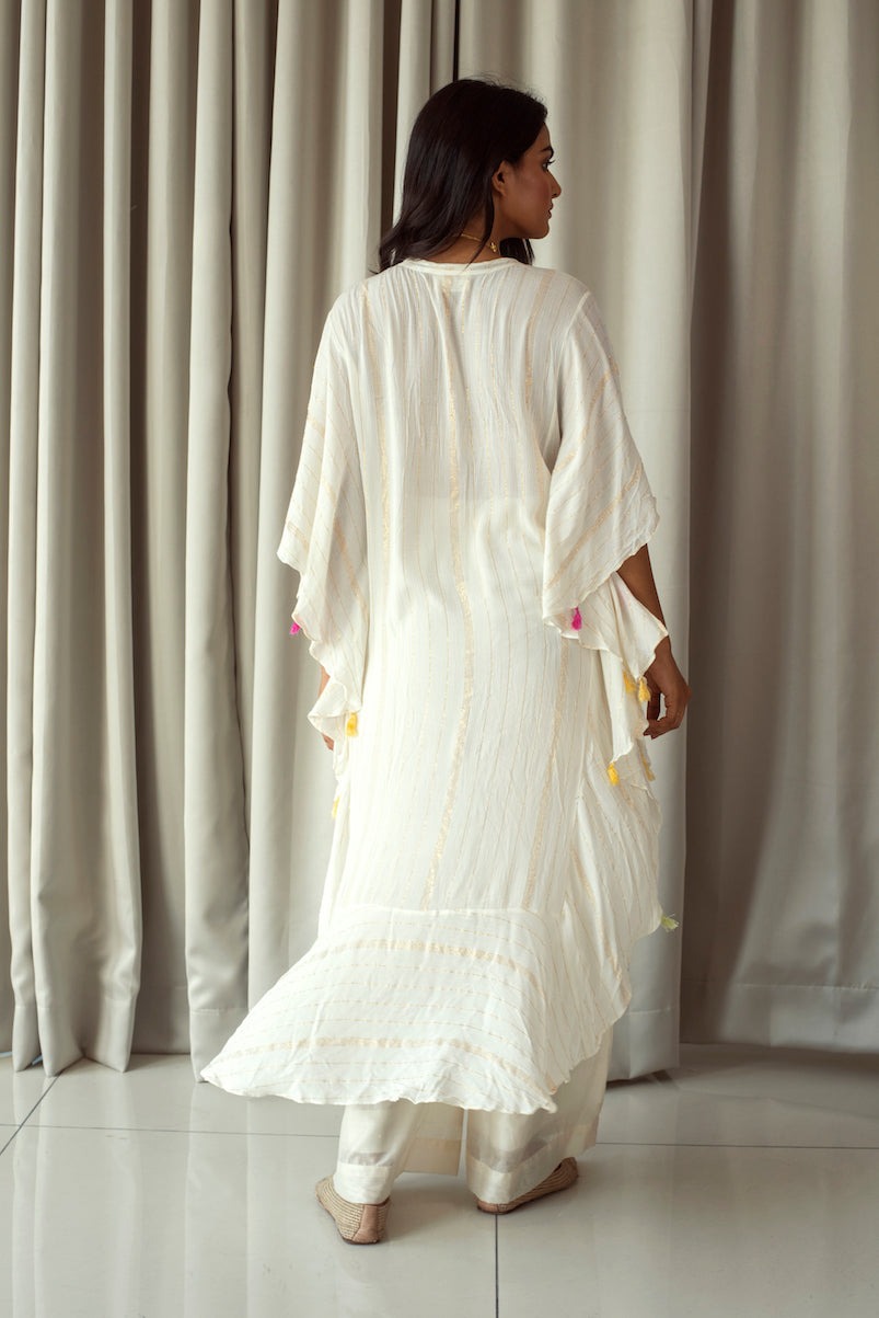 White Embroidered Kaftan by Taro with Bahaar by Taro, Cotton Blend, Evening Wear, Indian Wear, July Sale, July Sale 2023, Kaftans, Natural, Regular Fit, Textured, Tops, White, Womenswear at Kamakhyaa for sustainable fashion