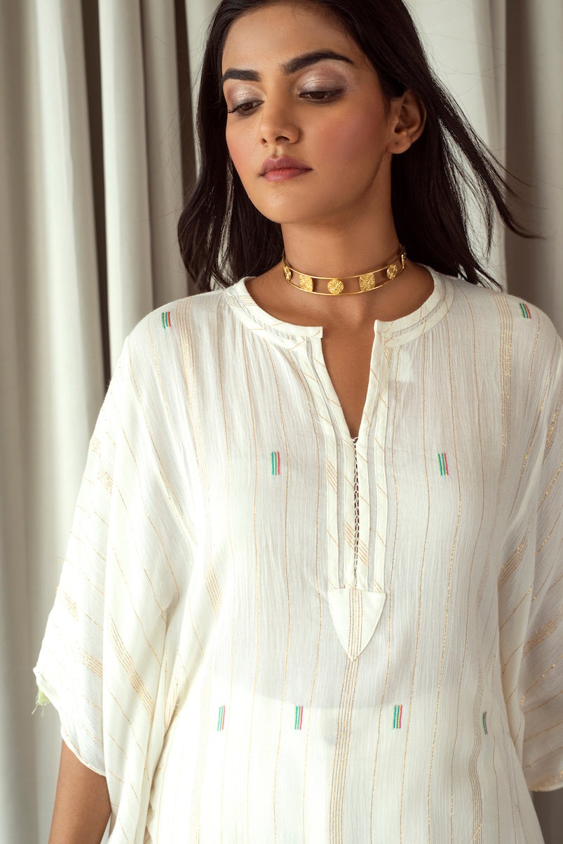 White Embroidered Kaftan by Taro with Bahaar by Taro, Cotton Blend, Evening Wear, Indian Wear, July Sale, July Sale 2023, Kaftans, Natural, Regular Fit, Textured, Tops, White, Womenswear at Kamakhyaa for sustainable fashion