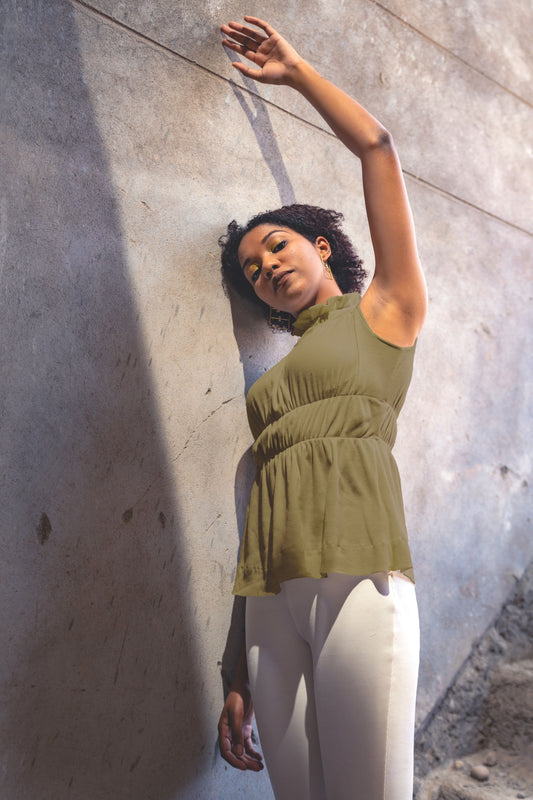 Olive Green Sleeveless Top by Meko Studio with Cotton, Deadstock Fabrics, Evening Wear, High Neck Tops, July Sale, July Sale 2023, Lycra, Olive Green, Relaxed Fit, Sleeveless Tops, Solids, Tops, Turtle Neck Tops, Verao by Meko Studio, Verao SS-22/23, Womenswear at Kamakhyaa for sustainable fashion