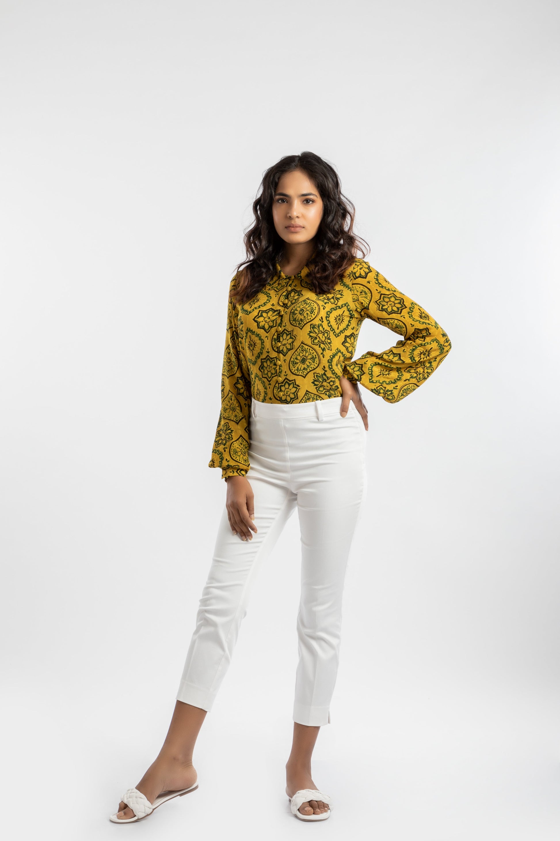 Yellow Shirt by House Of Ara with Ajrakh, Ajrakh Collection, Casual Wear, Cupro, Natural, Prints, Regular Fit, Shirts, Womenswear, Yellow at Kamakhyaa for sustainable fashion