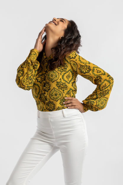 Yellow Shirt by House Of Ara with Ajrakh, Ajrakh Collection, Casual Wear, Cupro, Natural, Prints, Regular Fit, Shirts, Womenswear, Yellow at Kamakhyaa for sustainable fashion