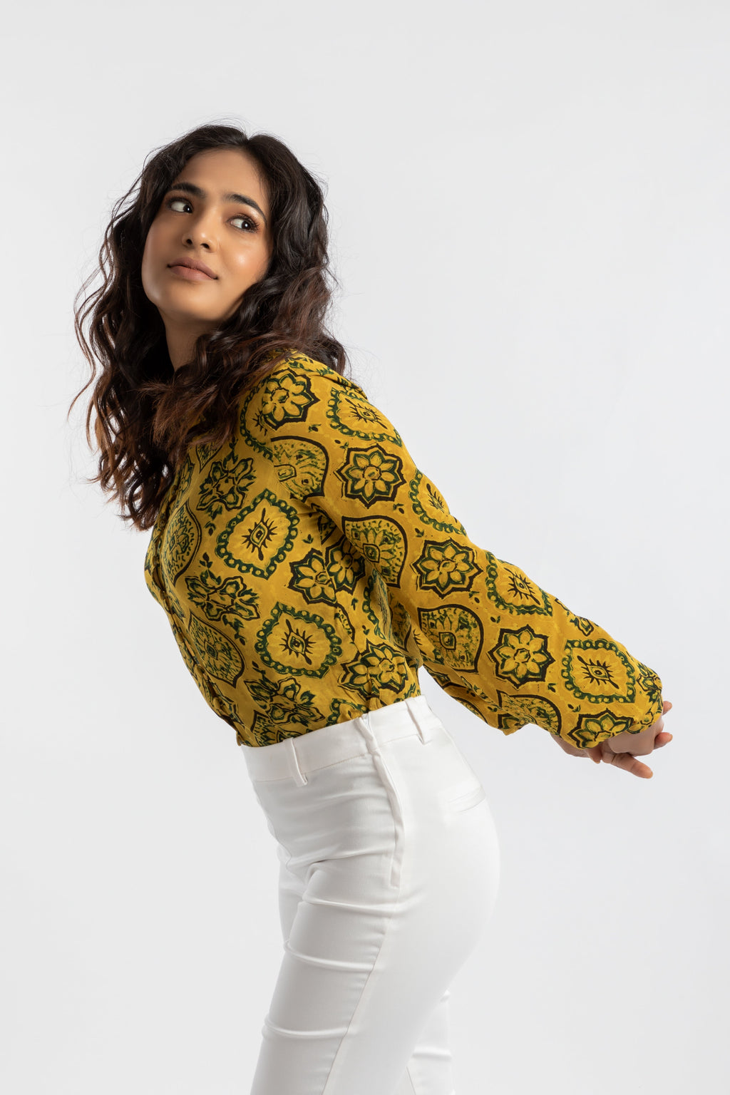Yellow Shirt by House Of Ara with Ajrakh, Ajrakh Collection, Casual Wear, Cupro, Natural, Prints, Regular Fit, Shirts, Womenswear, Yellow at Kamakhyaa for sustainable fashion