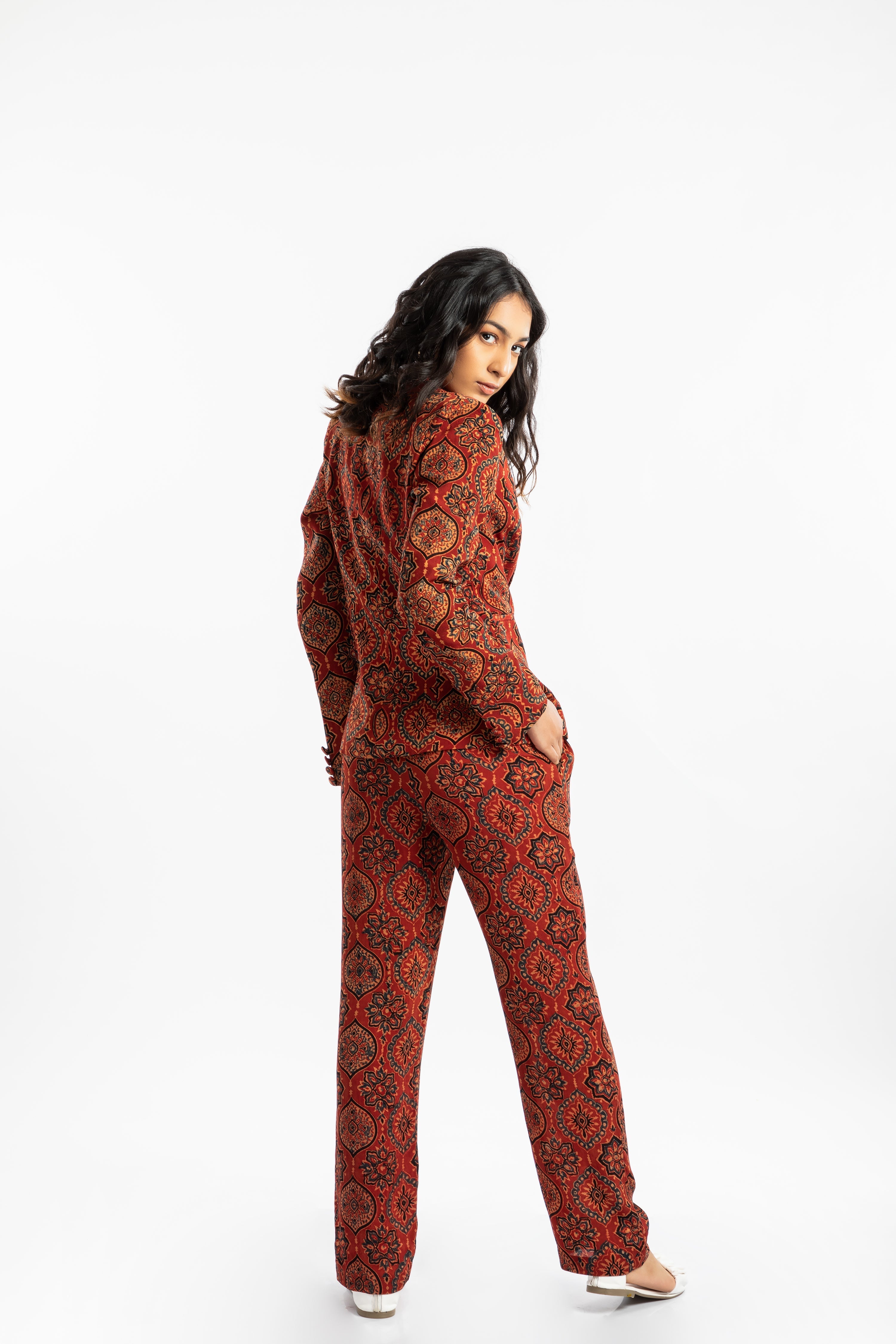 Red Jacket by House Of Ara with Ajrakh, Ajrakh Collection, Blazers, Casual Wear, Cupro, Natural, Prints, Red, Regular Fit, Womenswear at Kamakhyaa for sustainable fashion