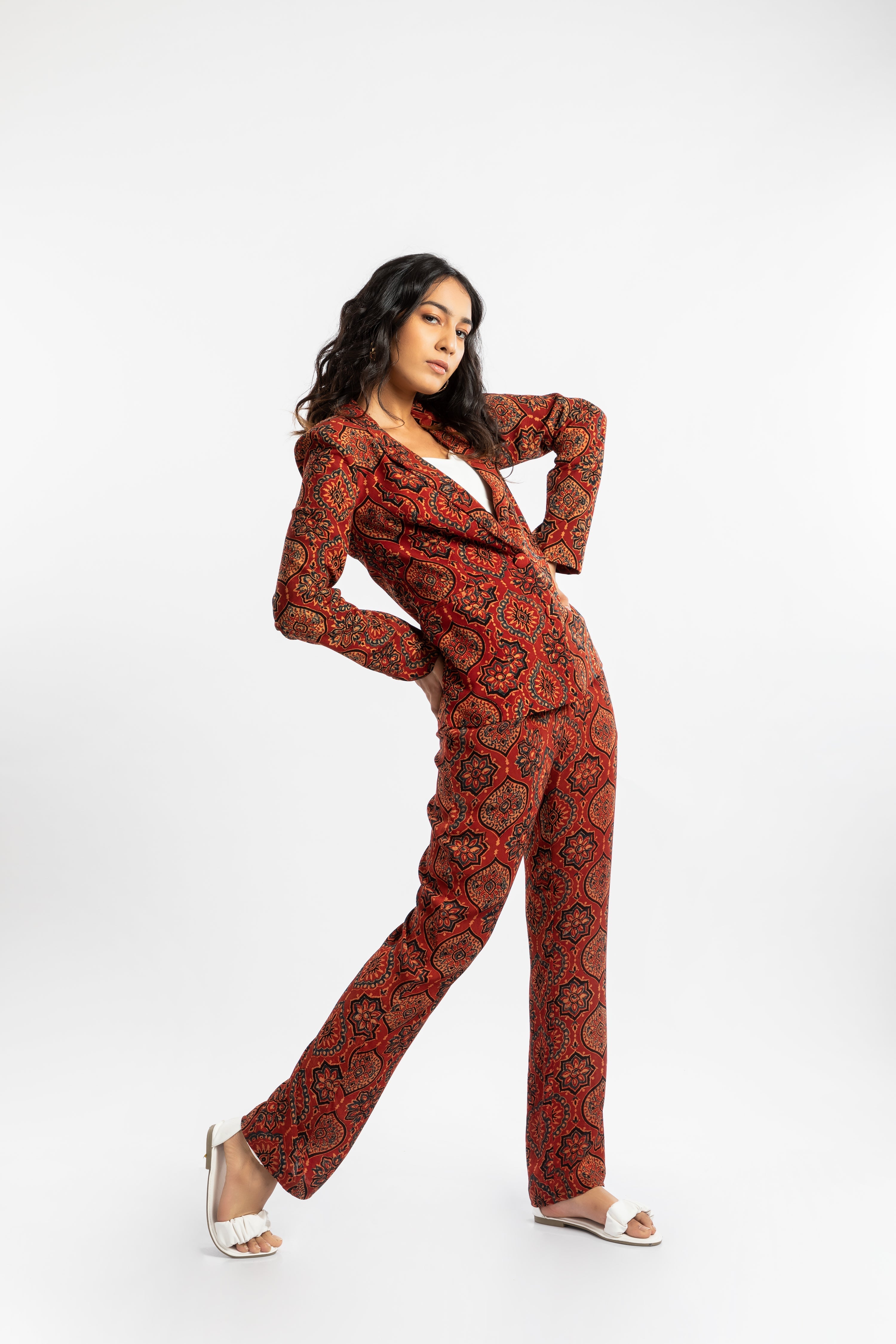 Red Jacket by House Of Ara with Ajrakh, Ajrakh Collection, Blazers, Casual Wear, Cupro, Natural, Prints, Red, Regular Fit, Womenswear at Kamakhyaa for sustainable fashion