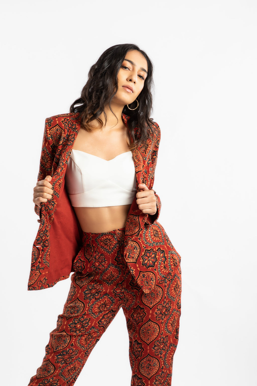 Red Jacket by House Of Ara with Ajrakh, Ajrakh Collection, Blazers, Casual Wear, Cupro, Natural, Prints, Red, Regular Fit, Womenswear at Kamakhyaa for sustainable fashion