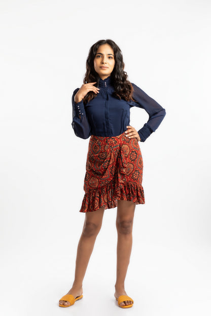 Red Ruffled Mini Skirt Bottoms Ajrakh Collection, Casual Wear, Cupro, Natural, Prints, Red, Skirts, Slim Fit House Of Ara Kamakhyaa
