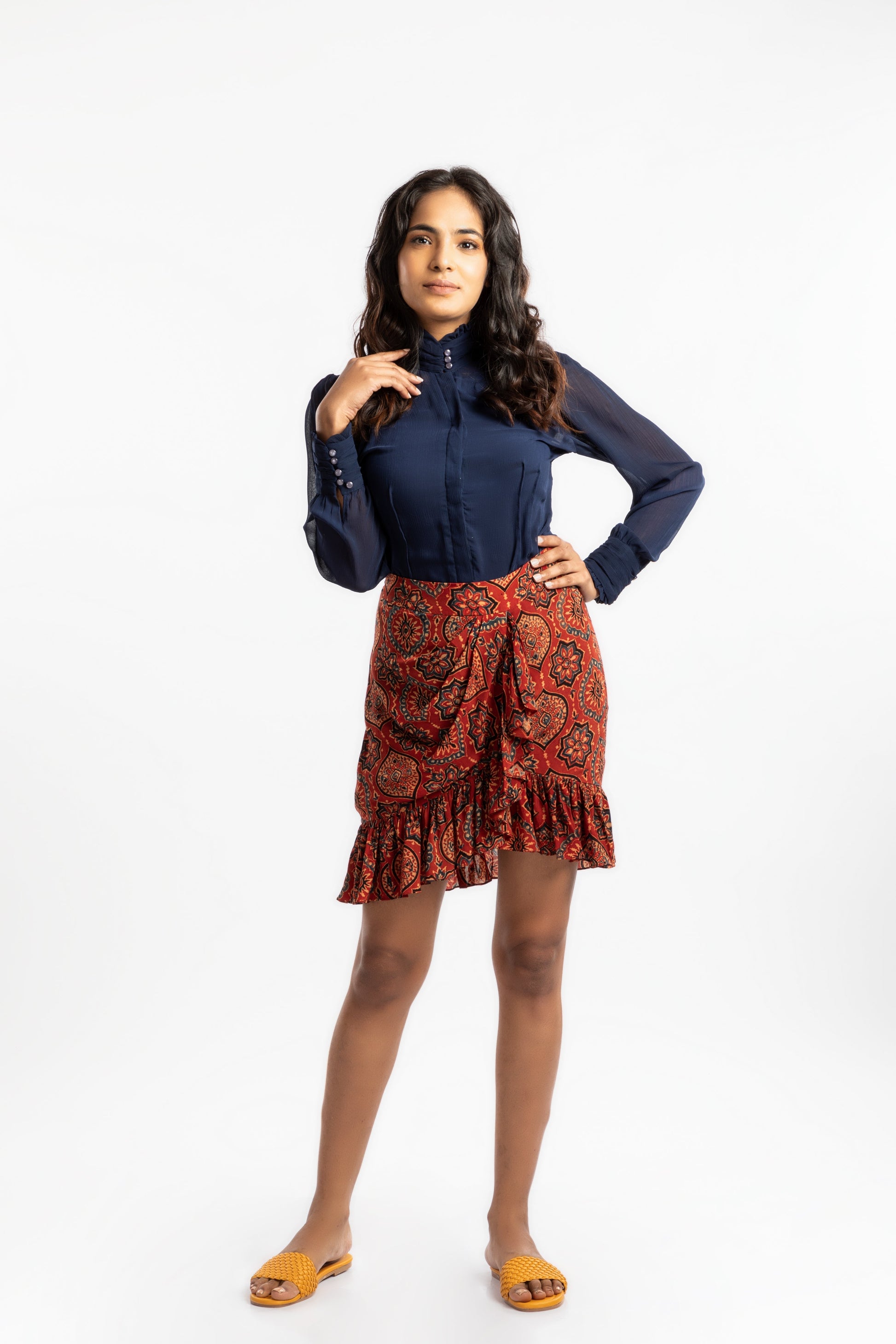 Red Ruffled Mini Skirt by House Of Ara with Ajrakh, Ajrakh Collection, Casual Wear, Cupro, For Siblings, Mini Skirts, Natural, Prints, Red, Regular Fit, Skirts, Slim Fit, Womenswear at Kamakhyaa for sustainable fashion