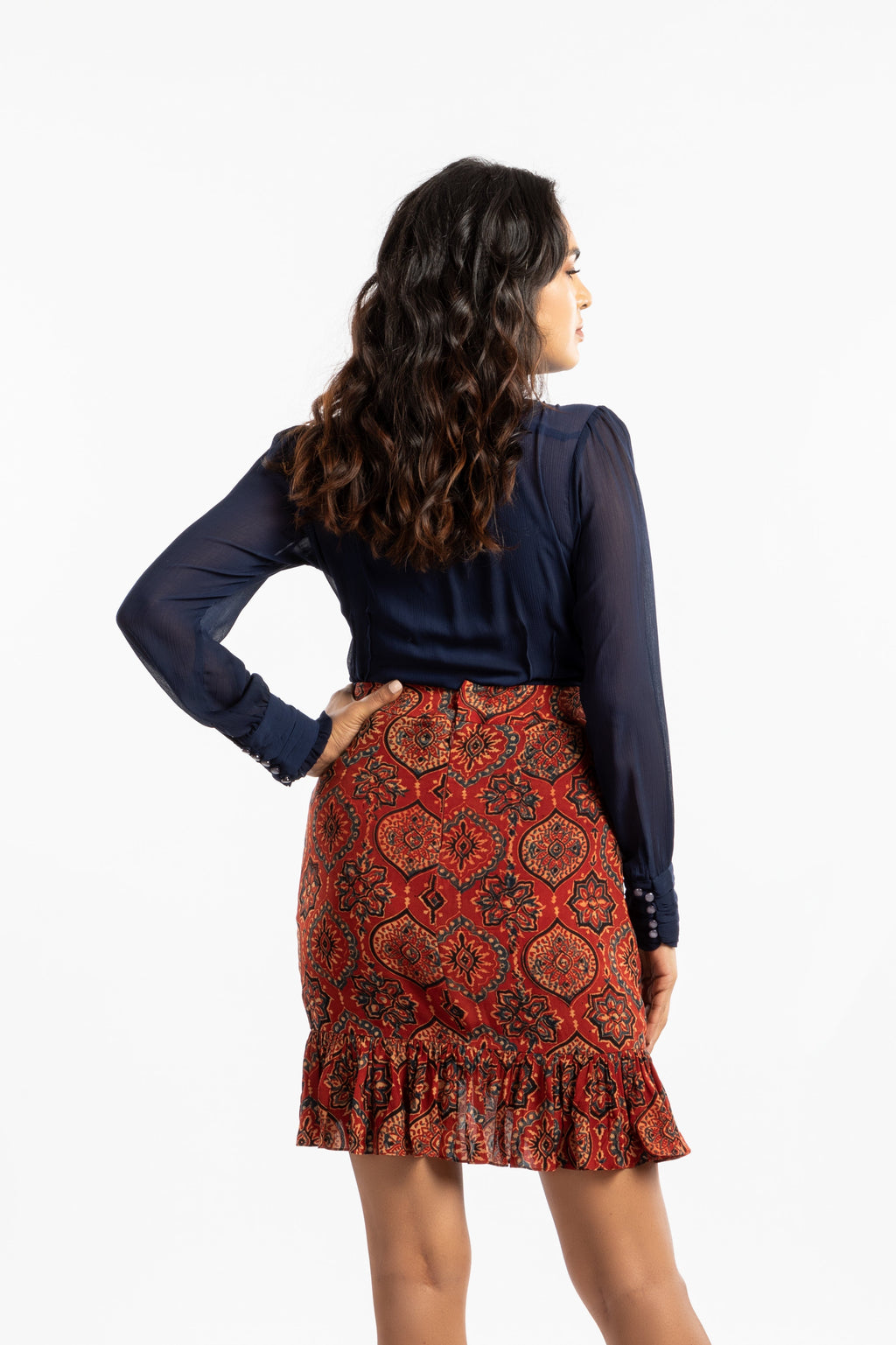 Red Ruffled Mini Skirt by House Of Ara with Ajrakh, Ajrakh Collection, Casual Wear, Cupro, For Siblings, Mini Skirts, Natural, Prints, Red, Regular Fit, Skirts, Slim Fit, Womenswear at Kamakhyaa for sustainable fashion