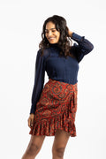 Red Ruffled Mini Skirt by House Of Ara with Ajrakh, Ajrakh Collection, Casual Wear, Cupro, For Siblings, Mini Skirts, Natural, Prints, Red, Regular Fit, Skirts, Slim Fit, Womenswear at Kamakhyaa for sustainable fashion